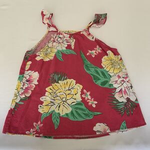 Old Navy Top Women M Raspberry Pink Floral Linen‎ Flutter Tank Tropical Summer